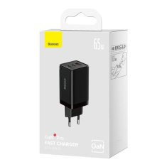 BASEUS Hitri omrežni polnilnik GaN 2x USB-C USB 65 W + kabel USB-C črn