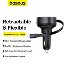 BASEUS Avtomobilski polnilnik z navijalnim kablom za iPhone Lightning USB-C 60 W, črn
