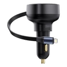 BASEUS Avtomobilski polnilnik z navijalnim kablom za iPhone Lightning USB-C 60 W, črn