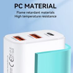 WOZINSKY Mrežni polnilnik 100–240 V, 30 W, USB-C, 2x USB-A, bel