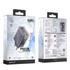 AceFast GaN omrežni polnilnik 65 W, 3 vrata, 1x USB, 2x USB-C, siv