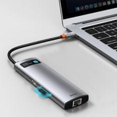 BASEUS Večnamenski HUB 8v1 USB USB-C PD 100W HDMI čitalnik SD in microSD kartic 3x USB 3.2 RJ45 Siva