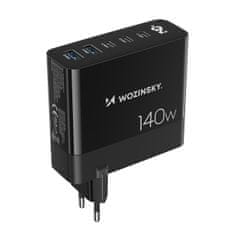 WOZINSKY Mrežni polnilnik 100–240 V GaN 140 W 3x USB-C / 2x USB-A črn