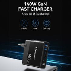 WOZINSKY Mrežni polnilnik 100–240 V GaN 140 W 3x USB-C / 2x USB-A črn