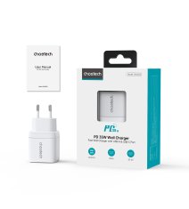 Choetech Majhen, zmogljiv omrežni polnilnik GaN USB-A USB-C PD 35 W z zaslonom, bel