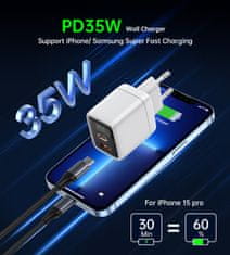 Choetech Majhen, zmogljiv omrežni polnilnik GaN USB-A USB-C PD 35 W z zaslonom, bel