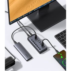 Ugreen 7v1 večfunkcijski HUB razdelilnik USB-C - 7x USB 3.0 PD DC 12V siv