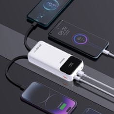 DUDAO Powerbank 20000mAh z vgrajenimi kabli iPhone Lightning USB-C USB-A 22,5W PD - bela