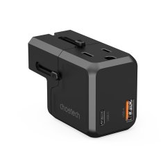 Choetech Univerzalni potovalni polnilnik USB-C USB-A PD 20 W, vtičnice za ZDA, EU, Veliko Britanijo in Avstralijo, črn