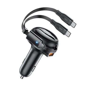 AceFast Avtomobilski polnilnik B13 53 W USB-A + 2 raztegljiva kabla USB-C – črn