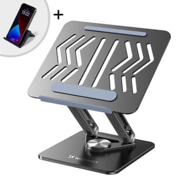 WOZINSKY KOMPLET Aluminijasta podstavka za prenosni računalnik 360 + podstavek za pametni telefon - črna
