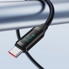 WOZINSKY Kabel USB-A - USB-C z LED-zaslonom 66 W 6 A 2 m črn