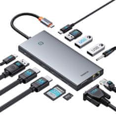 BASEUS 13v1 HUB adapter PortalJoy Series USB-C HDMI DP VGA USB-A PD RJ45 SD TF AUX - siva