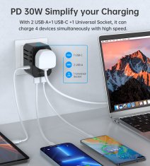 Choetech Univerzalni potovalni polnilnik USB-C 2x USB-A PD 30W vtičnice ZDA EU UK AU črn