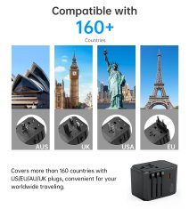 Choetech Univerzalni potovalni polnilnik USB-C 2x USB-A PD 30W vtičnice ZDA EU UK AU črn