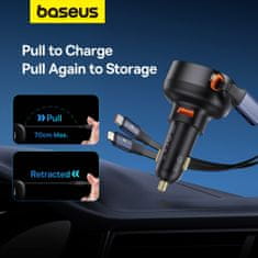 BASEUS Avtomobilski polnilnik z USB-A in zložljivim kablom USB-C iPhone 60W črn