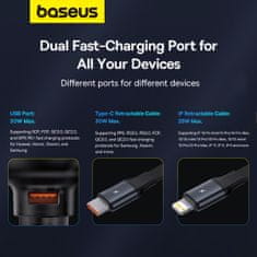 BASEUS Avtomobilski polnilnik z USB-A in zložljivim kablom USB-C iPhone 60W črn