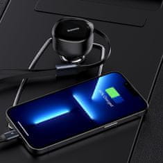 BASEUS Avtomobilski polnilnik 2v1 USB-C + iPhone Lightning zložljiv kabel 75 cm 30 W – črn