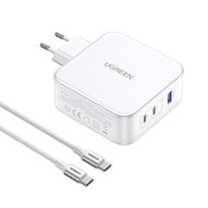 Ugreen GaN Nexode USB-A 2x USB-C 140W omrežni polnilnik + USB-C kabel 1,5 m, bel