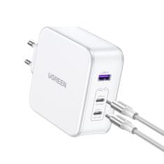 Ugreen GaN Nexode USB-A 2x USB-C 140W omrežni polnilnik + USB-C kabel 1,5 m, bel