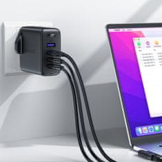 AceFast 2v1 Kabel in hitri omrežni polnilnik GaN, angleški vtič UK 100 W PD 3x USB-C USB črn
