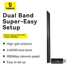 BASEUS Zunanja USB WiFi kartica 2,4 GHz 5 GHz 650 Mb/s z anteno 6 dBi, črna