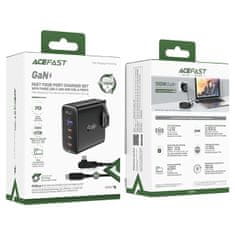 AceFast 2v1 Kabel in hitri omrežni polnilnik GaN, angleški vtič UK 100 W PD 3x USB-C USB črn