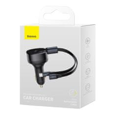 BASEUS Avtomobilski polnilnik 2v1 USB-C + iPhone Lightning zložljiv kabel 75 cm 30 W – črn