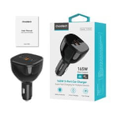 Choetech Avtomobilski polnilnik 160 W 2x USB-C PD 3.1 1x USB-A – črn