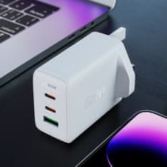 AceFast Mrežni polnilnik z angleškim vtičem UK GaN 65 W 1x USB 2x USB-C PD bel