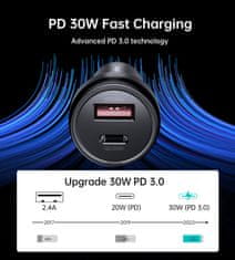 Choetech Avtomobilski polnilnik USB-C USB-A PD 60 W z LED osvetlitvijo, črn