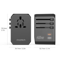 Choetech Univerzalni potovalni polnilnik 2x USB-C 2x USB-A PD 45W vtičnice ZDA EU UK AU črna