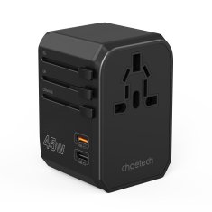 Choetech Univerzalni potovalni polnilnik 2x USB-C 2x USB-A PD 45W vtičnice ZDA EU UK AU črna