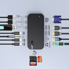 Choetech HUB adapter M52 USB-C USB-A HDMI VGA DP SD TF RJ45 AUX PD siva