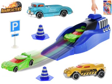 Roadblasters set avtomobilov 6,5 cm 3 kosi izmet + prometni znaki - mešanica barv (rdeča, modra)
