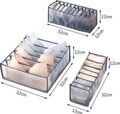 Camerazar Organizator za spodnje perilo v omari, 3 kosa, sivi najlon, dimenzije 32x12x12 cm in 32x32x12 cm