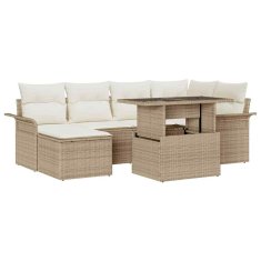 Vidaxl Vrtna sedežna garnitura z blazino 7 pcs Bež Poly ratan