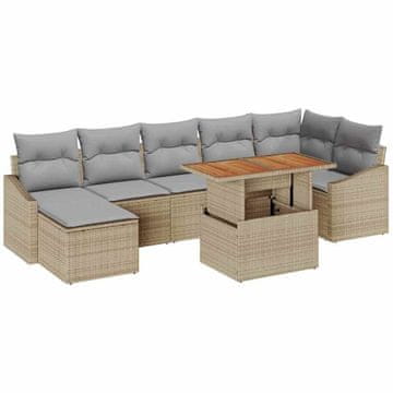 Vidaxl Komplet za jedilnico v vrtu z blazino 8 pcs Bež in siva