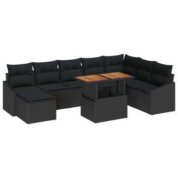 Vidaxl Komplet za jedilnico v vrtu z blazino 9 pcs Črna in rjava