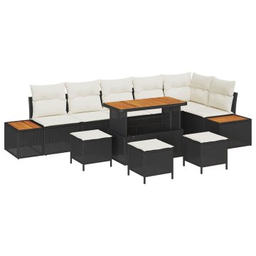 Vidaxl Vrtna sedežna garnitura z blazino 10 pcs Črna Poly ratan