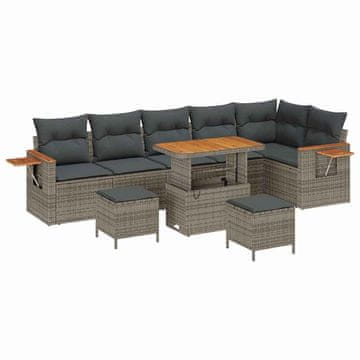 Vidaxl Vrtna sedežna garnitura z blazino 9 pcs Siva Poly ratan