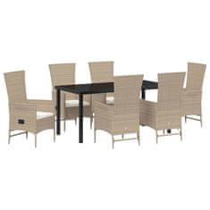 Vidaxl Komplet za jedilnico v vrtu z blazino 7 pcs Bež poli ratan