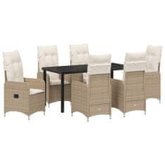 Vidaxl Komplet za jedilnico v vrtu z blazino 7 pcs Bež Poly ratan