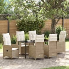 Vidaxl Komplet za jedilnico v vrtu z blazino 7 pcs Bež Poly ratan