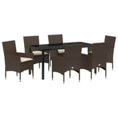 Vidaxl Komplet za jedilnico v vrtu z blazino 7 pcs Rjava Poly ratan
