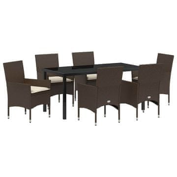 Vidaxl Komplet za jedilnico v vrtu z blazino 7 pcs Rjava Poly ratan