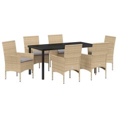 Vidaxl Komplet za jedilnico v vrtu z blazino 7 pcs Bež Poly ratan