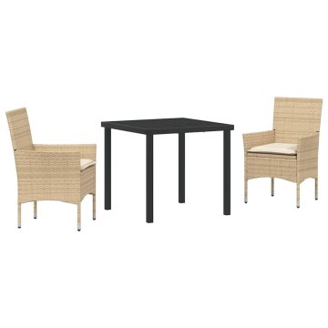 Vidaxl Komplet za jedilnico v vrtu z blazino 3 pcs Bež Poly ratan