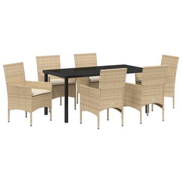 Vidaxl Komplet za jedilnico v vrtu z blazino 7 pcs Bež Poly ratan