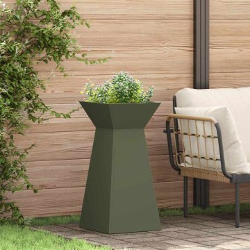 Vidaxl Vrtni steber za rože z olivno zeleni posodo 35x35x73 cm iz jekla.